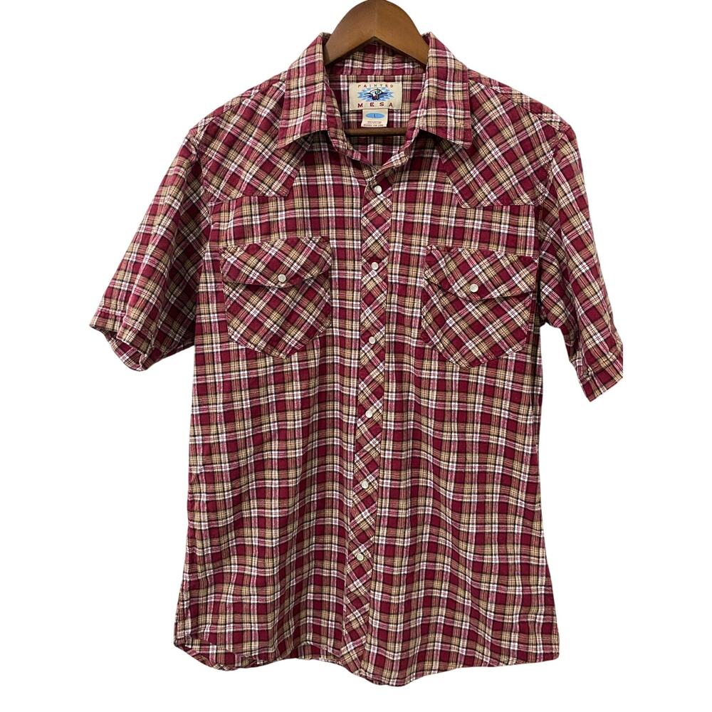 Vintage Painted Mesa Red Plaid Western Shirt Mens L Pearl Snap Short Sleeve